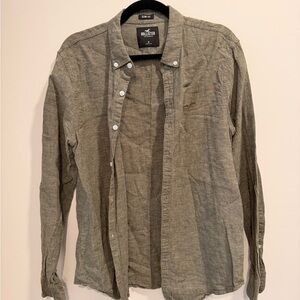 Hollister Men's Olive Linen Button-Down Shirt